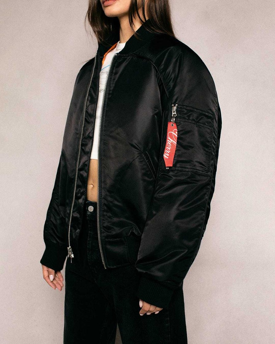 Cherry LA Satin Bomber Jacket (Black) New